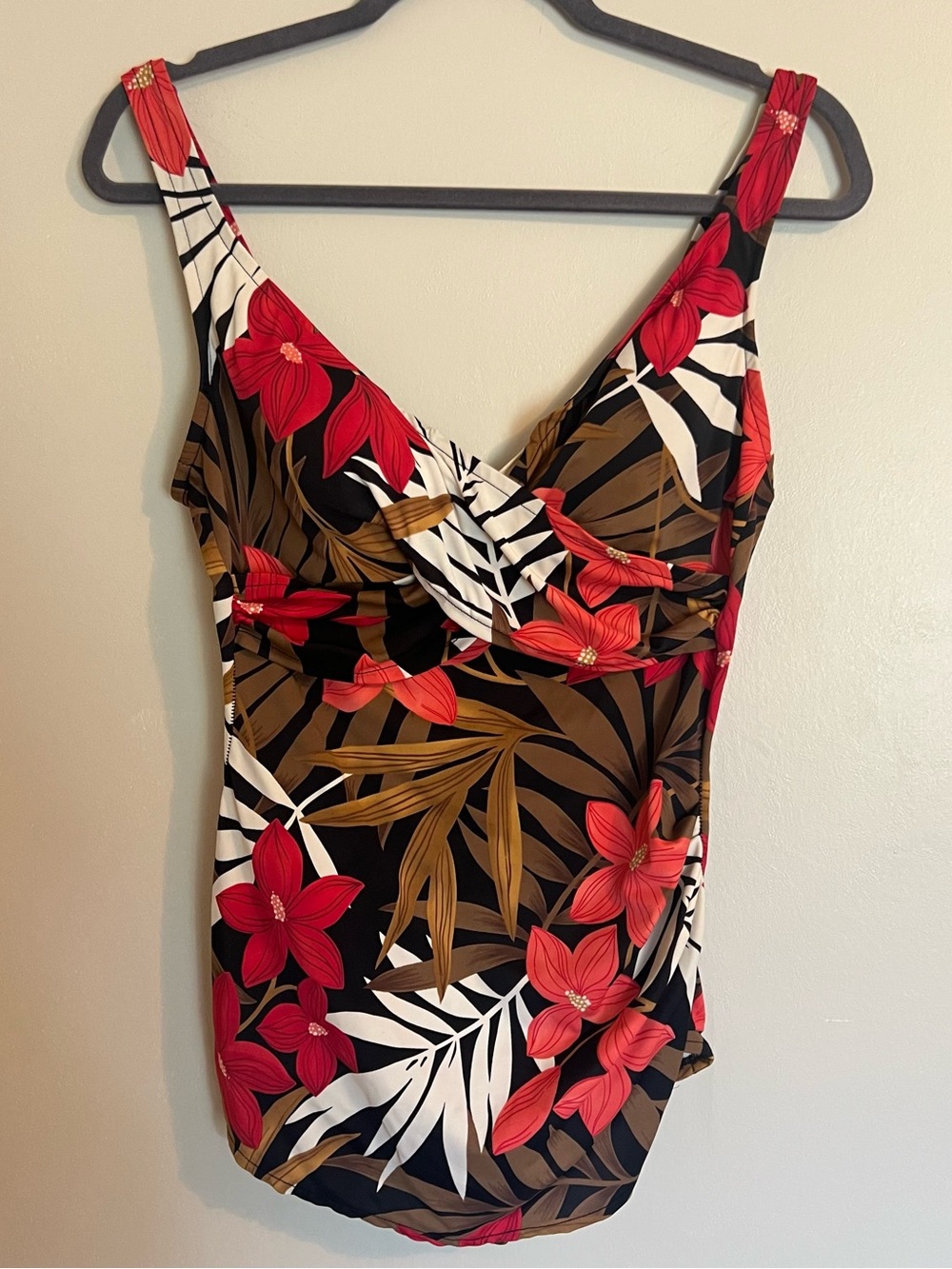Vintage White Stag One-Piece Swimsuit with Red Floral Print